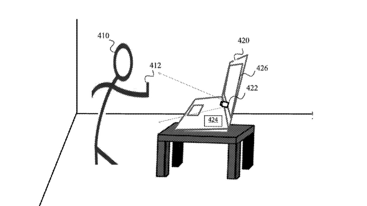 Stick figure facing a table with a laptop, various numbers annotate parts of the laptop and the figure's arm movement.