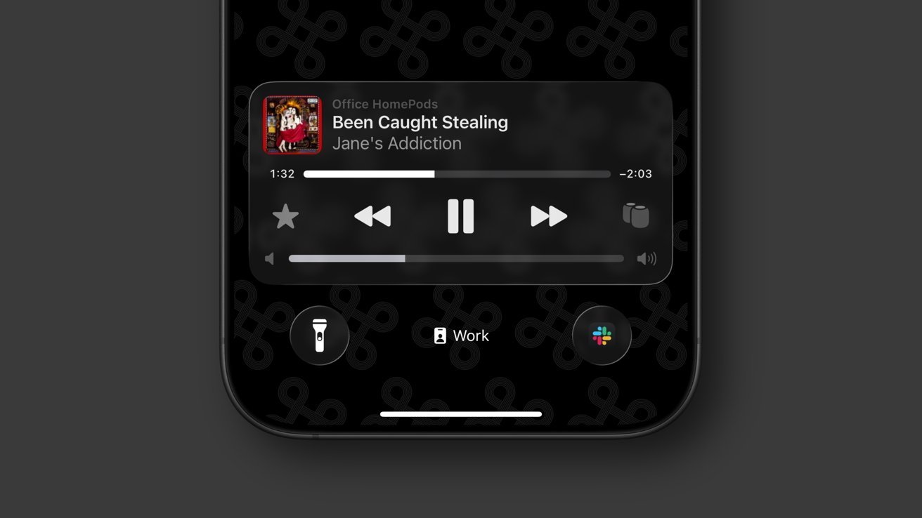 Music player interface with song 'Been Caught Stealing' by Jane's Addiction, playback controls, volume slider, and HomePod options on a black patterned background.