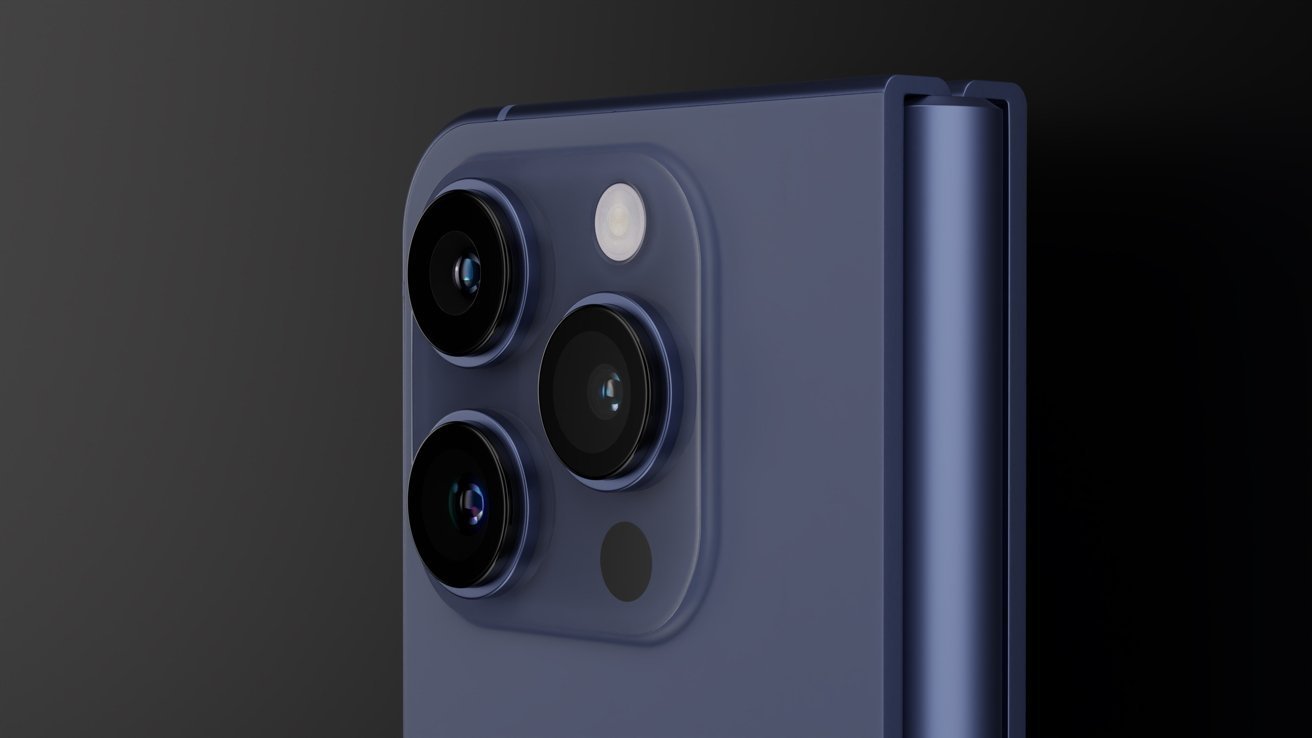 Close-up of a blue smartphone with three camera lenses and a flash on a black background.