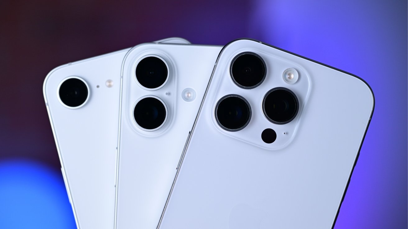 Three white smartphones with different numbers of rear cameras are shown against a blurred blue and purple background.