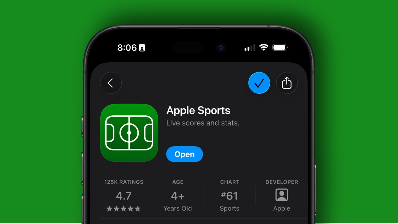 Smartphone screen showing Apple Sports app with green icon, 4.7-star rating, 'Open' button, and app details on a black and green background.