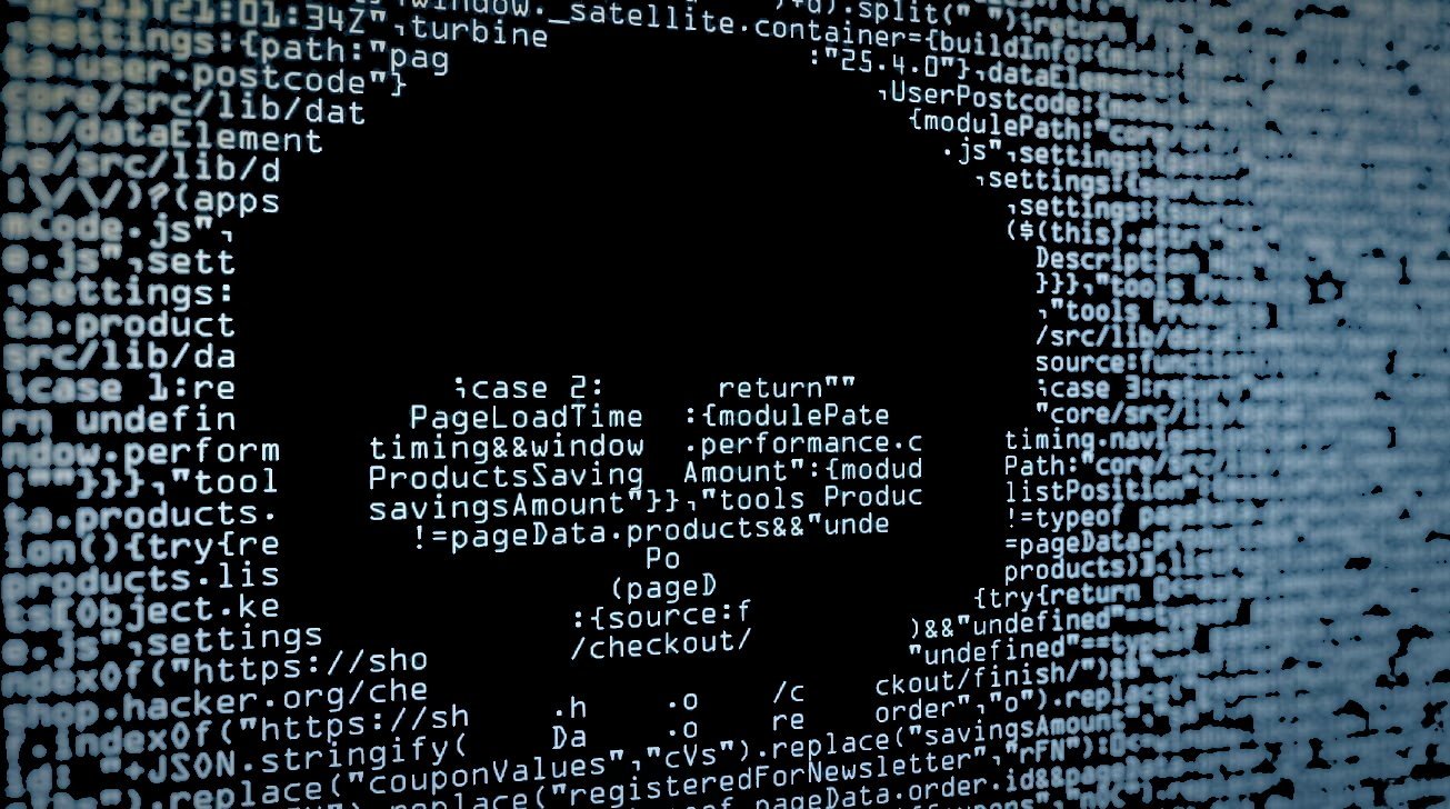 Computer code forming a skull shape on a dark background, representing cybersecurity or hacking themes.