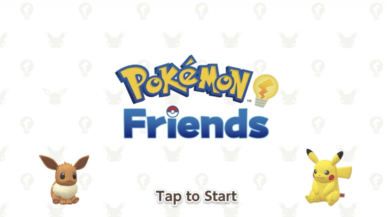 Pokemon Friends title screen with Eevee on the left, Pikachu on the right, and 'Tap to Start' text below. Subtle background silhouettes of Pikachu and lightbulbs.