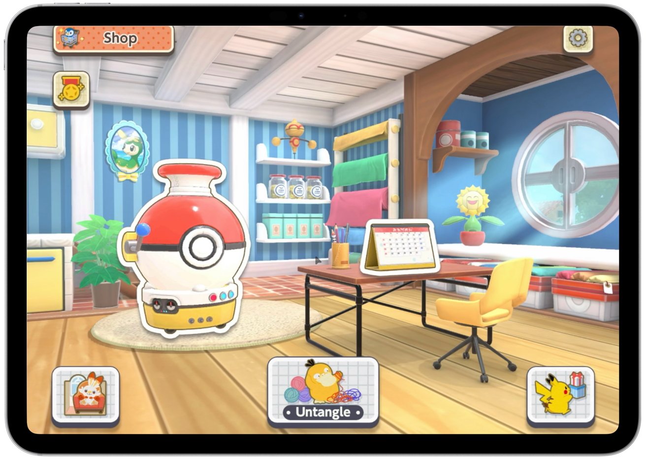 Colorful cartoon room with a Poke Ball-themed appliance, desk with calendar, yellow chair, shelves with items, and a round window. Pokemon and playful icons decorate the scene.