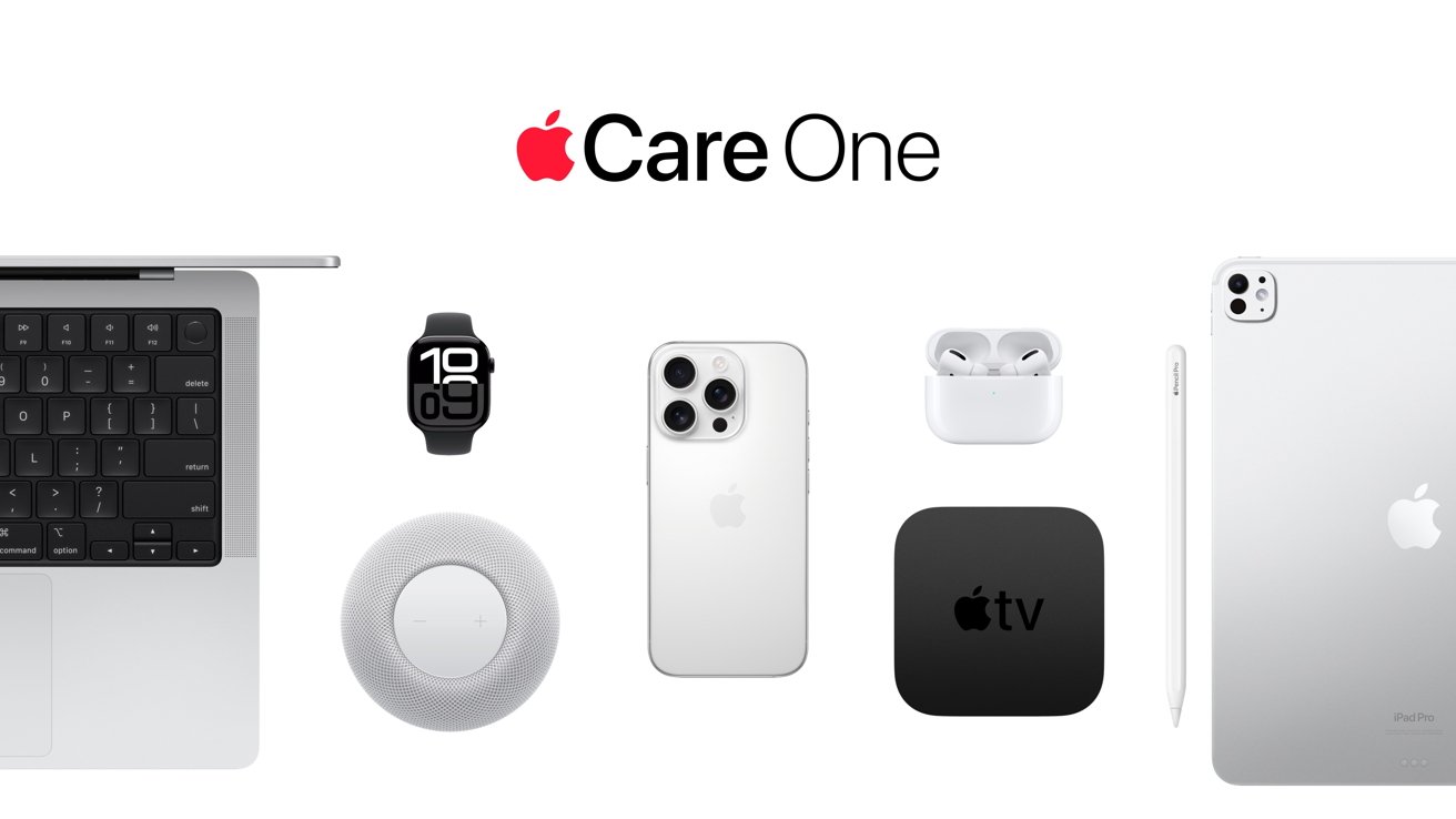 Apple products displayed including a laptop, watch, speaker, phone, earbuds, TV box, pencil, and tablet with Apple Care One text above.