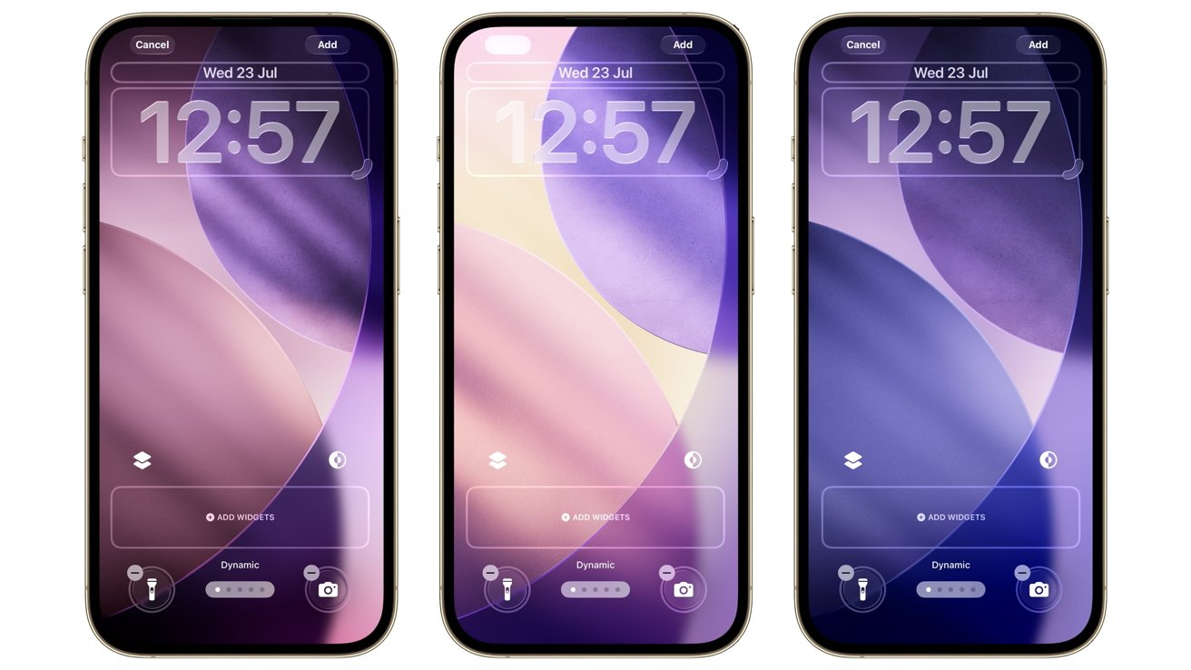Three smartphones displaying a dynamic lock screen interface with curved shapes in purple and pink hues. Time shows 12:57, date is Wednesday, 23rd July, add widgets icon visible.