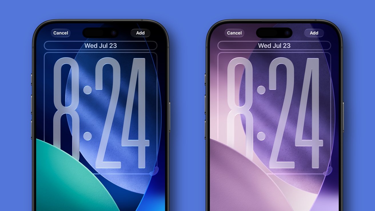 Two smartphones with lock screens showing 8:24, one with a blue background and one with a purple background, both displaying the date Wednesday, July 23.
