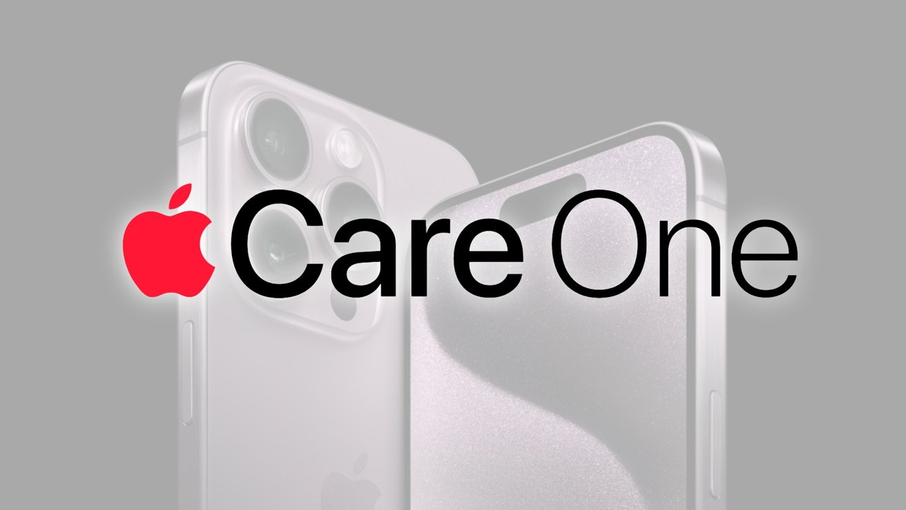 Apple products with 'Care One' text, featuring a red Apple logo, in front of overlapping sleek, silver iPhones with visible cameras.