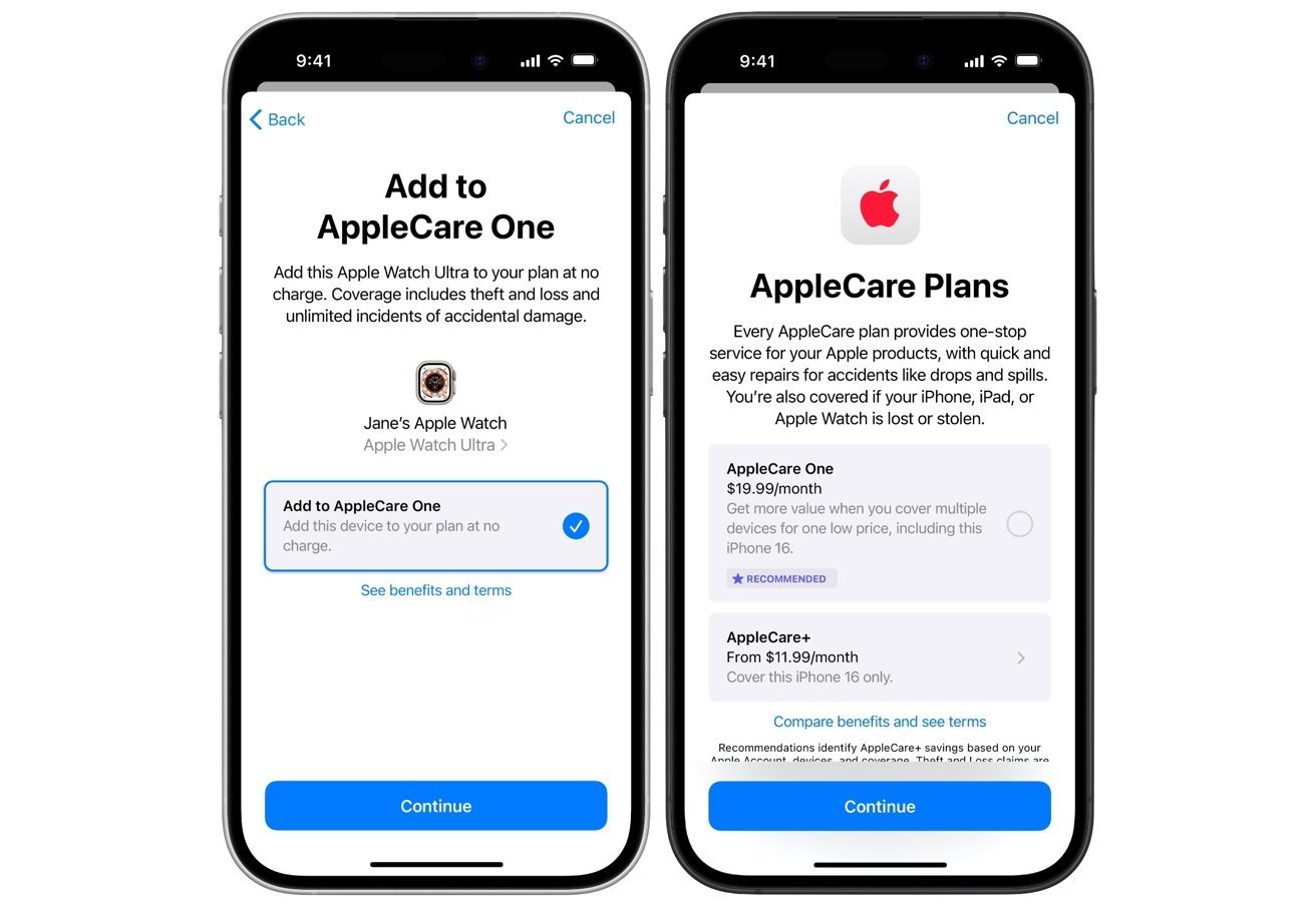 Two smartphone screens showing AppleCare options for an Apple Watch, including coverage details, pricing plans, and a 'Continue' button at the bottom of each screen.