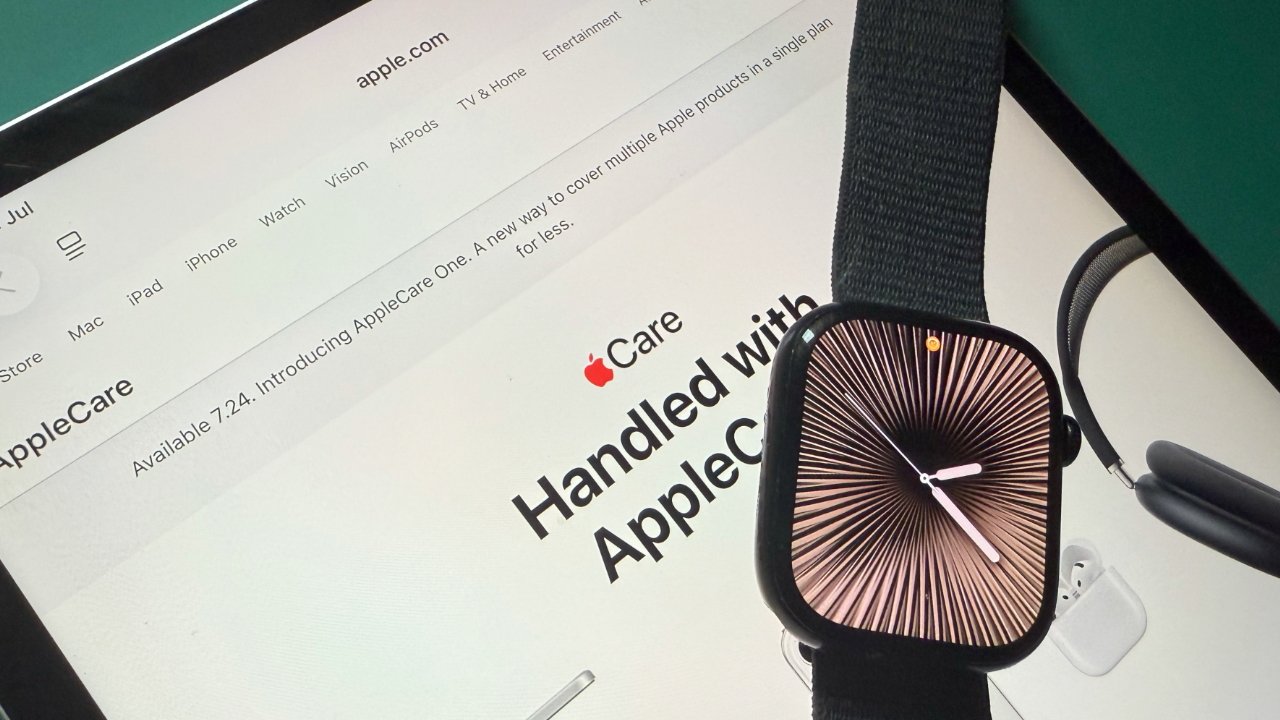 Smartwatch with a patterned clock face on a dark strap, displayed over a tablet showing an online store website header for electronics and AppleCare information.