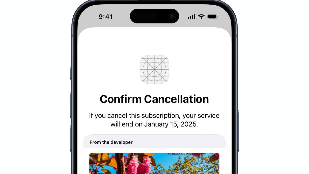 Mobile screen showing subscription cancellation confirmation, stating service ends on January 15, 2025. Includes a developer message section with a blurred nature image.