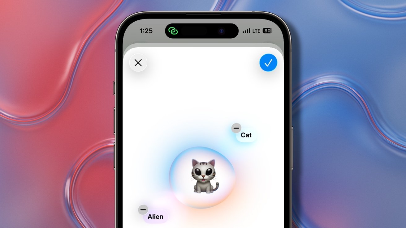 Smartphone screen displaying a cute cat emoji labeled 'Cat' and 'Alien' with a colorful, wavy background.