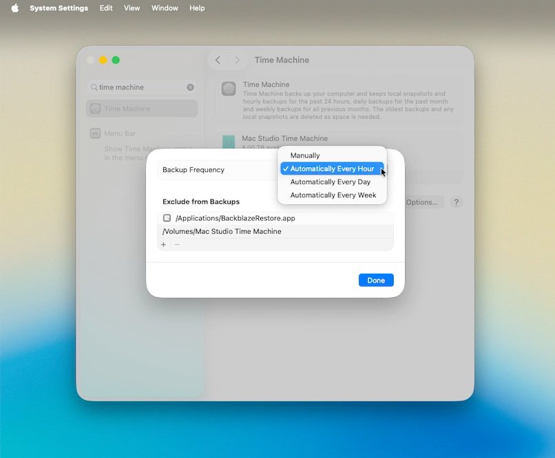 Time Machine settings on macOS with backup frequency options, including every hour, day, or week. Selected option is 'Automatically Every Hour'. Excluded backup items are listed.