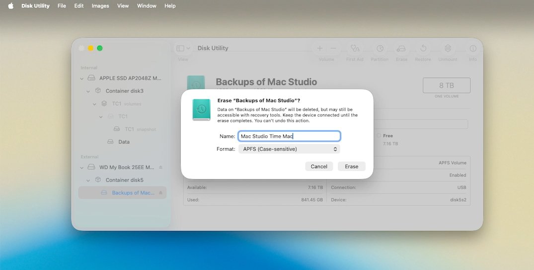 Disk Utility interface displaying a prompt to erase 'Backups of Mac Studio' with options to cancel or proceed.