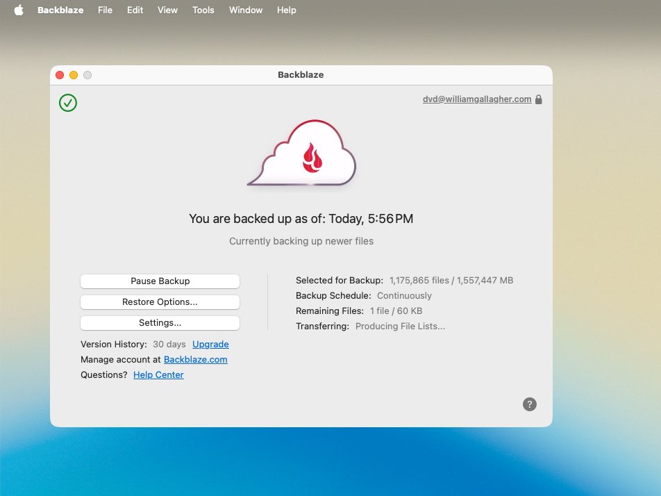 Backup software interface showing current backup status at 5:56 PM, with options to pause, restore, or change settings. Backup details include 1,175,865 files selected, continuously scheduled.