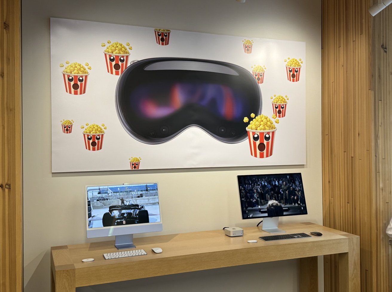VR headset poster with popcorn icons on wall above two desktop computers on a wooden table, screens displaying a car and a crowd scene.