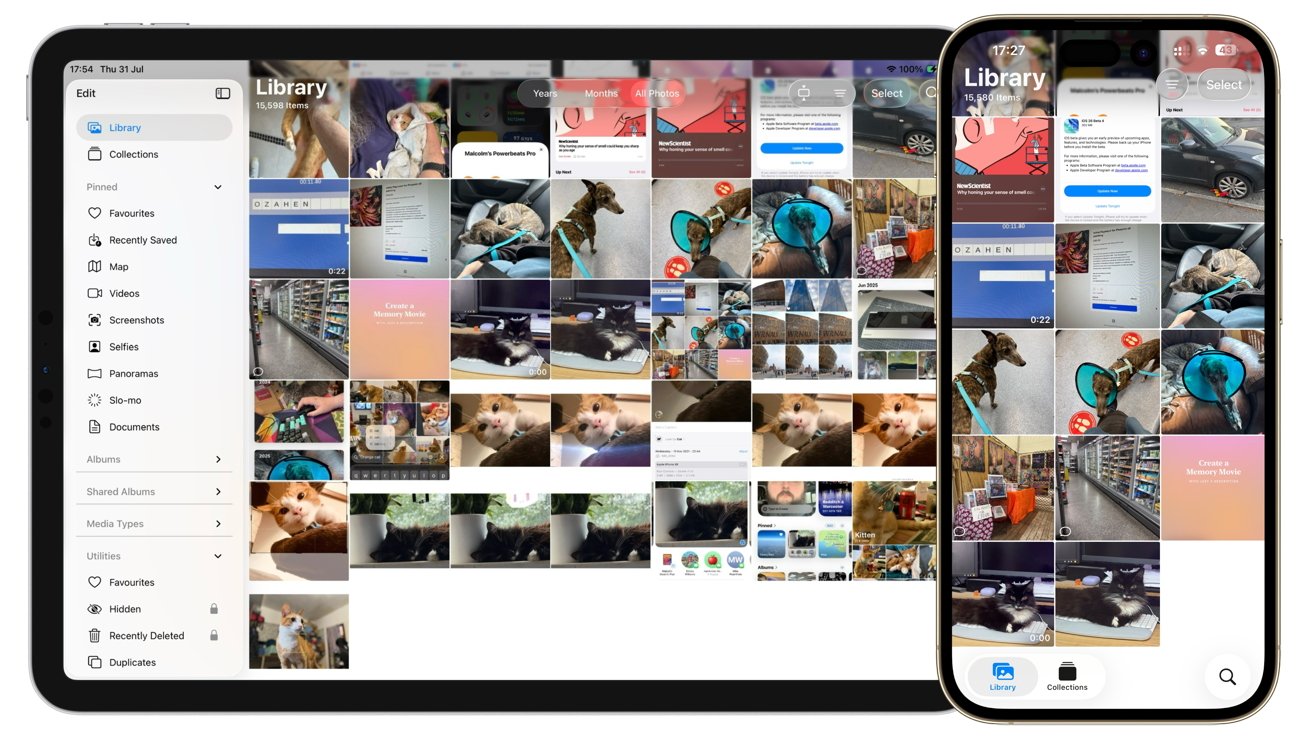 A tablet and smartphone display a photo library with various pet images and a sidebar menu listing album categories.