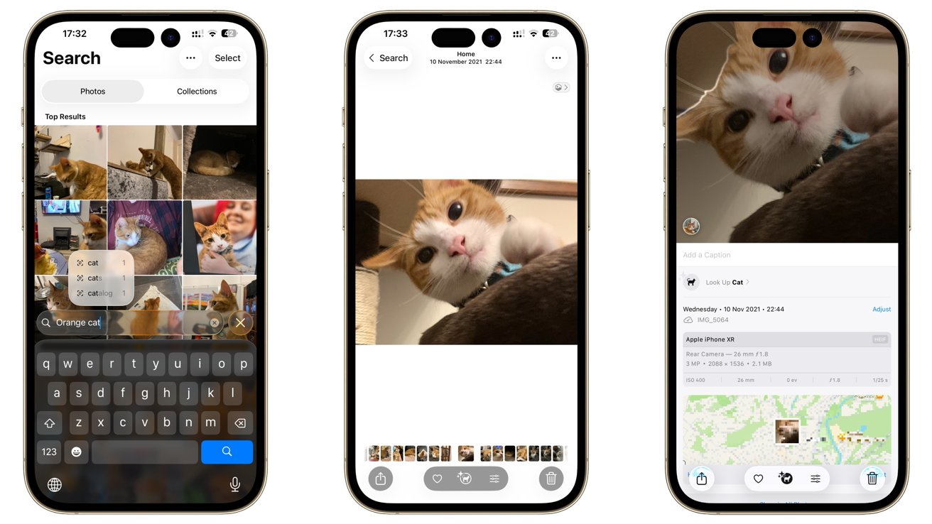 Three smartphone screens display photos of an orange and white cat, with search results, a close-up image, and metadata details including location and camera settings.