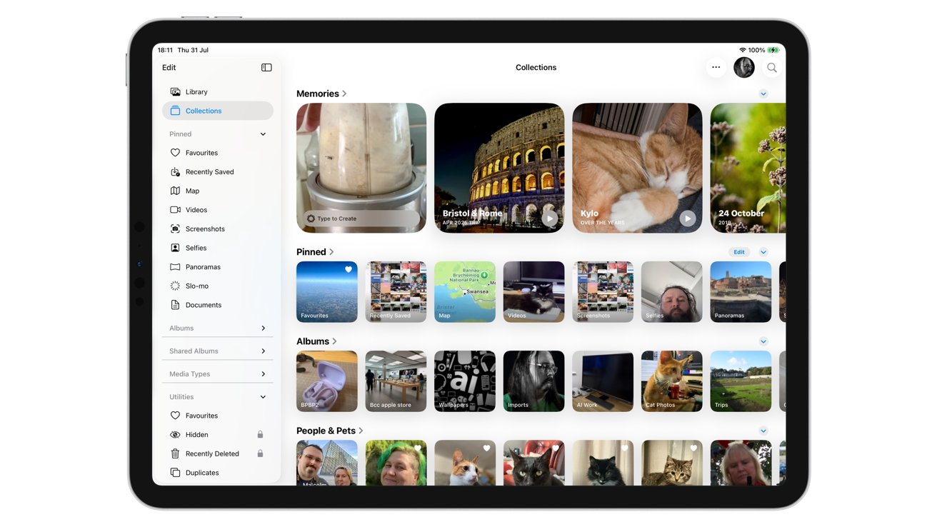 Tablet displaying a photo library interface with folders for memories, pinned items, albums, people, and pets. Includes thumbnails of various images like cats, landscapes, and people.