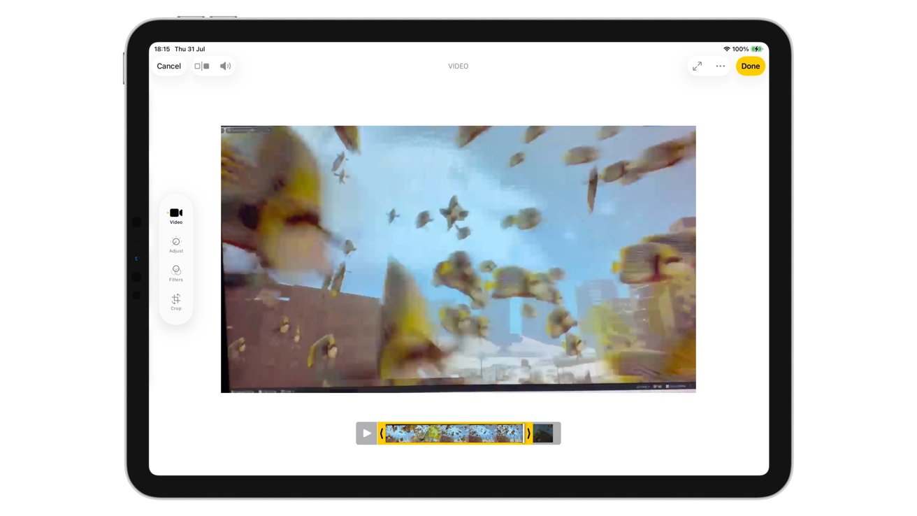 Tablet screen displaying paused video of flying fish against a blue sky, with playback controls and editing options visible.