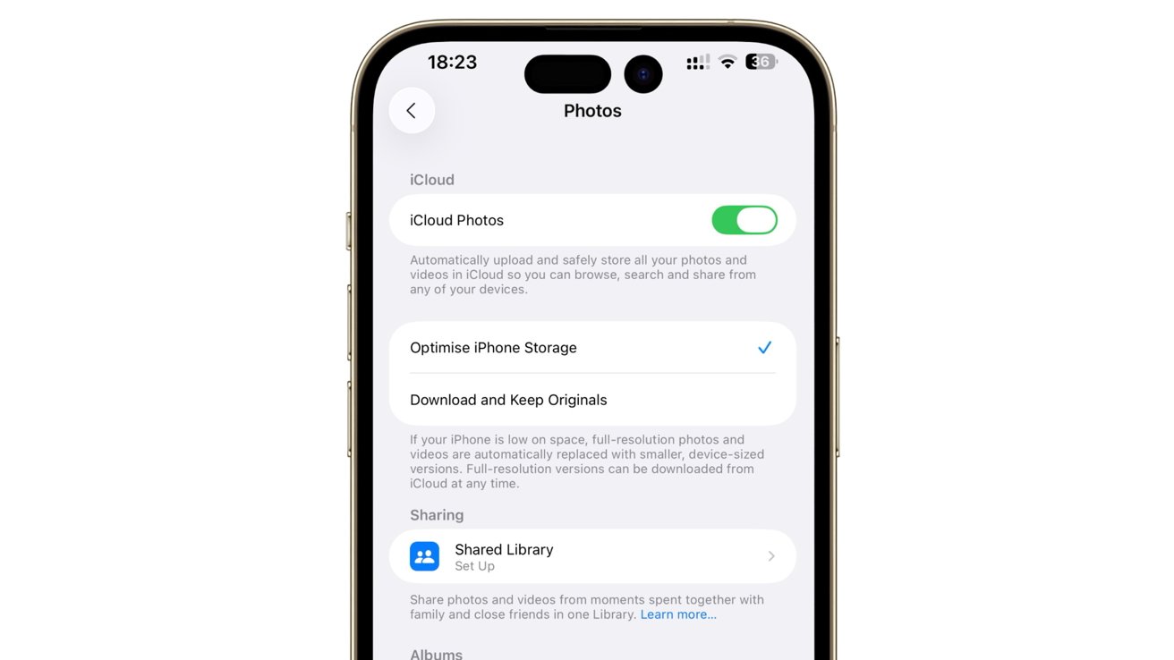 iPhone screen showing iCloud Photos settings, optimized storage option selected, and shared library setup prompt.