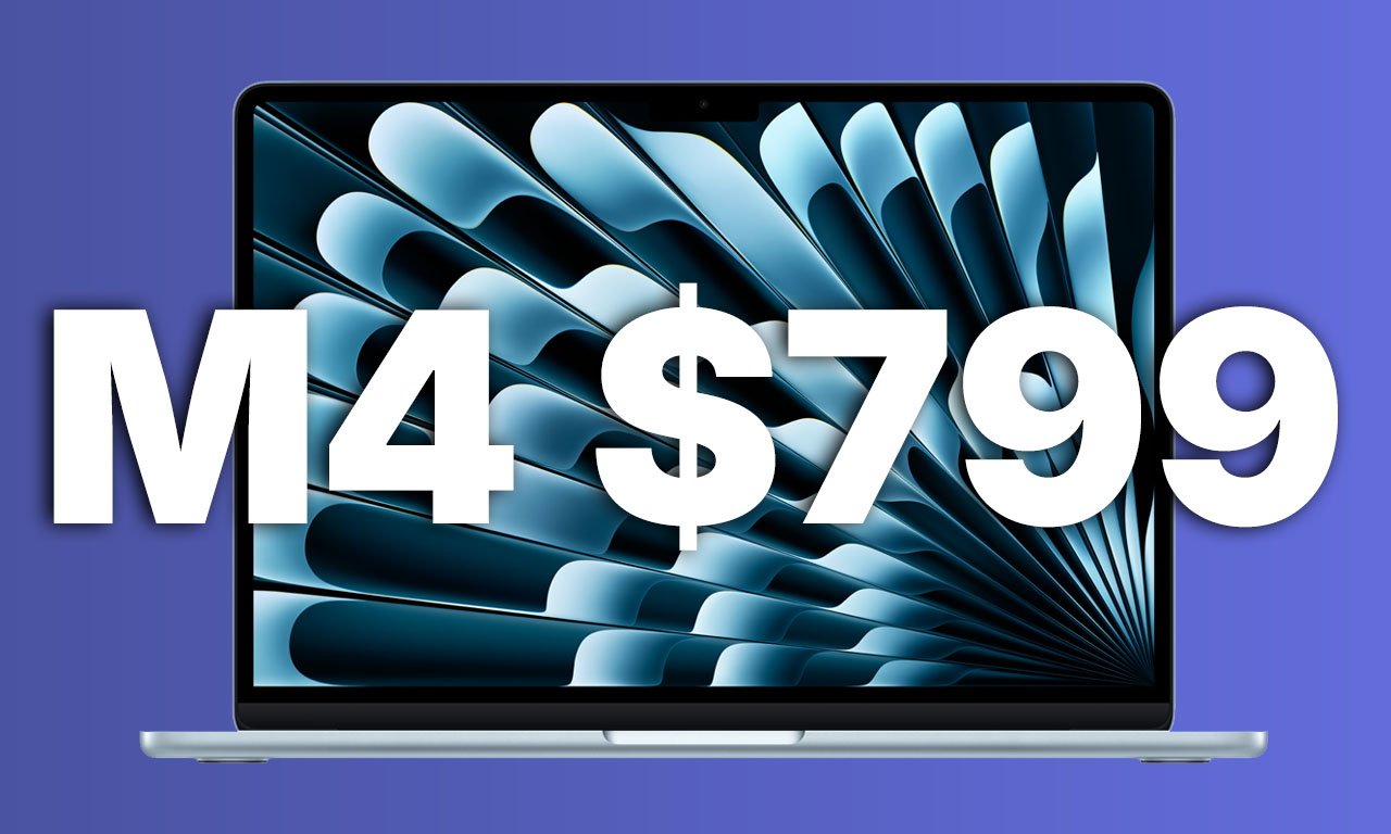 MacBook Air with abstract screen design and bold text 'M4 $799' on purple background.