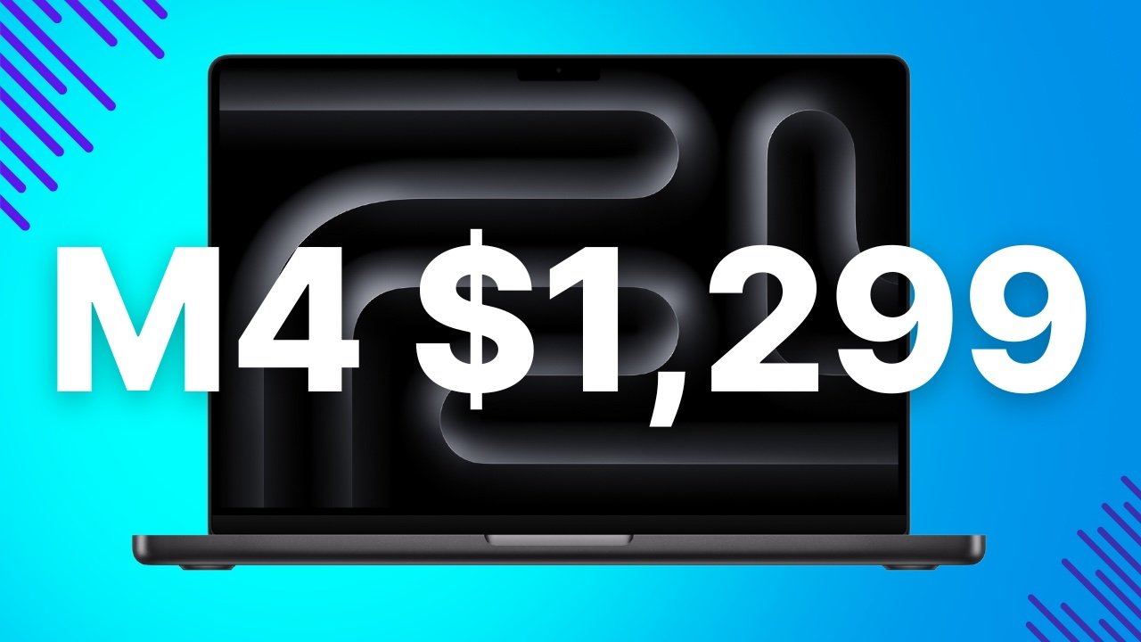 Text M4 $1,299 over dark MacBook Pro screen on a bright blue background with diagonal lines.