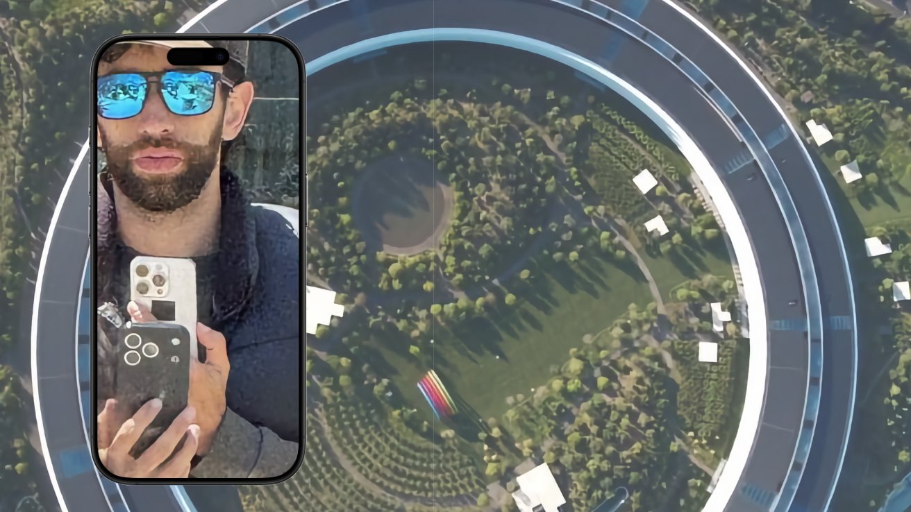 A smartphone displaying a bearded person wearing blue mirrored sunglasses, set against an aerial view of a circular garden with trees, pathways, and a rainbow-colored object.