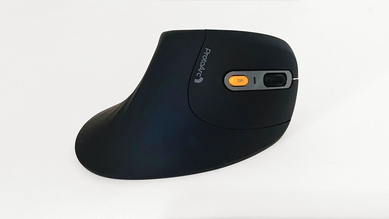 Ergonomic black computer mouse with vertical design, featuring a scroll wheel and an orange DPI button.