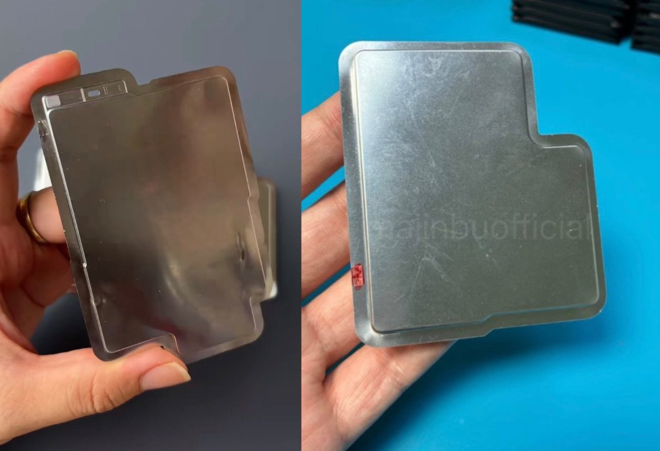 Two hands holding rectangular metal plates with rounded corners on a blue background.