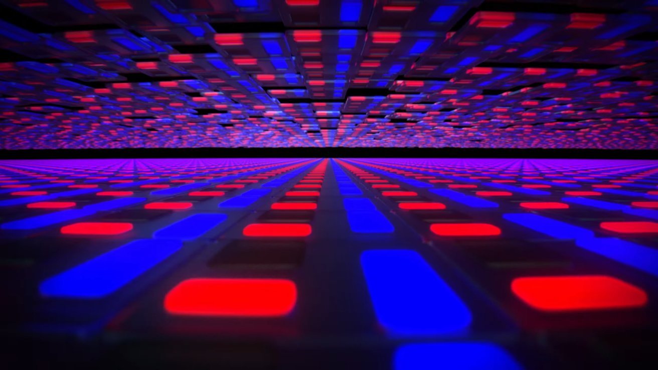 Abstract pattern of glowing red and blue rectangles on a black background, creating a futuristic, grid-like tunnel effect.