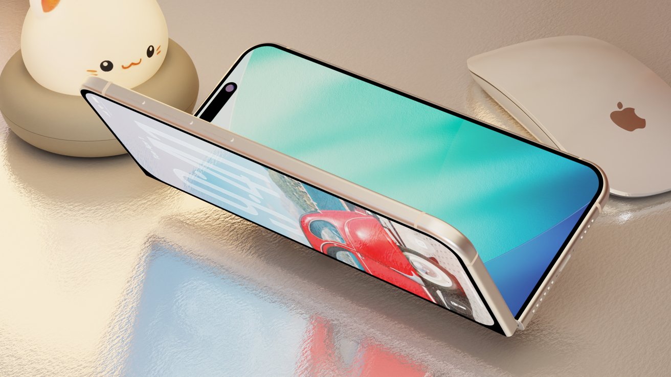 A foldable smartphone partially open on a reflective surface, next to a cute cat-shaped lamp and an Apple Magic Mouse.