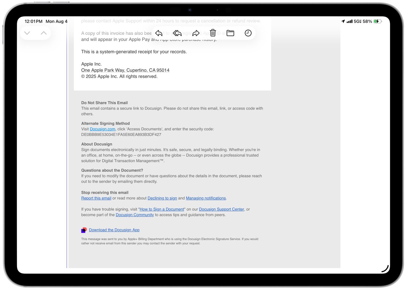 Email from Apple discussing an invoice and Docusign process, including instructions and links. Displayed on an iPad screen with signal and battery indicators.