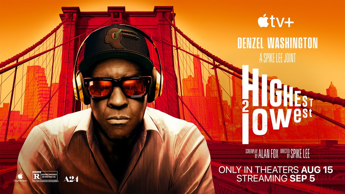 Person wearing headphones and sunglasses against an orange cityscape background with a bridge. Text includes 'Highest Lowest,' 'Denzel Washington,' and details about theater and streaming dates.