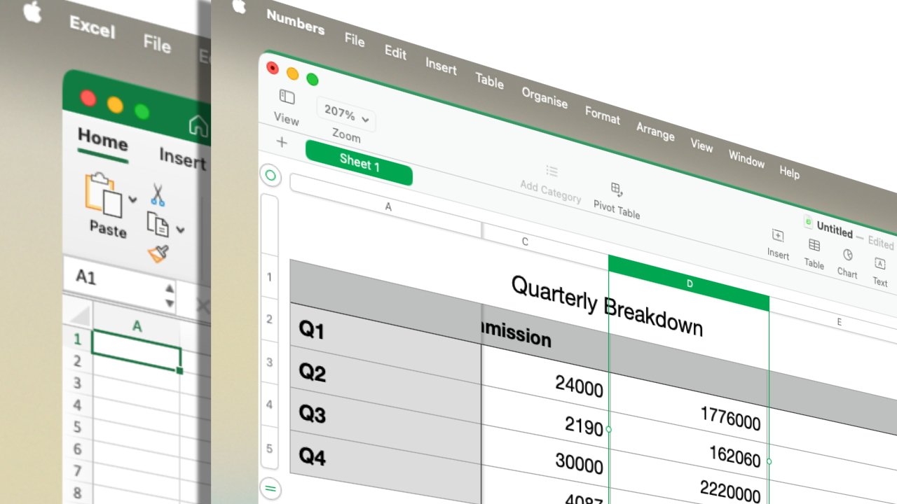 Side-by-side comparison of Microsoft Excel and Apple Numbers, displaying spreadsheet interfaces with toolbar menus and a table titled 'Quarterly Breakdown' showing quarterly data.