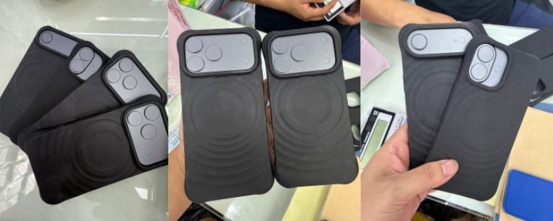 Three photos show hands holding black smartphone cases with large, round protrusions resembling camera lenses on the back. Cases are displayed from various angles.
