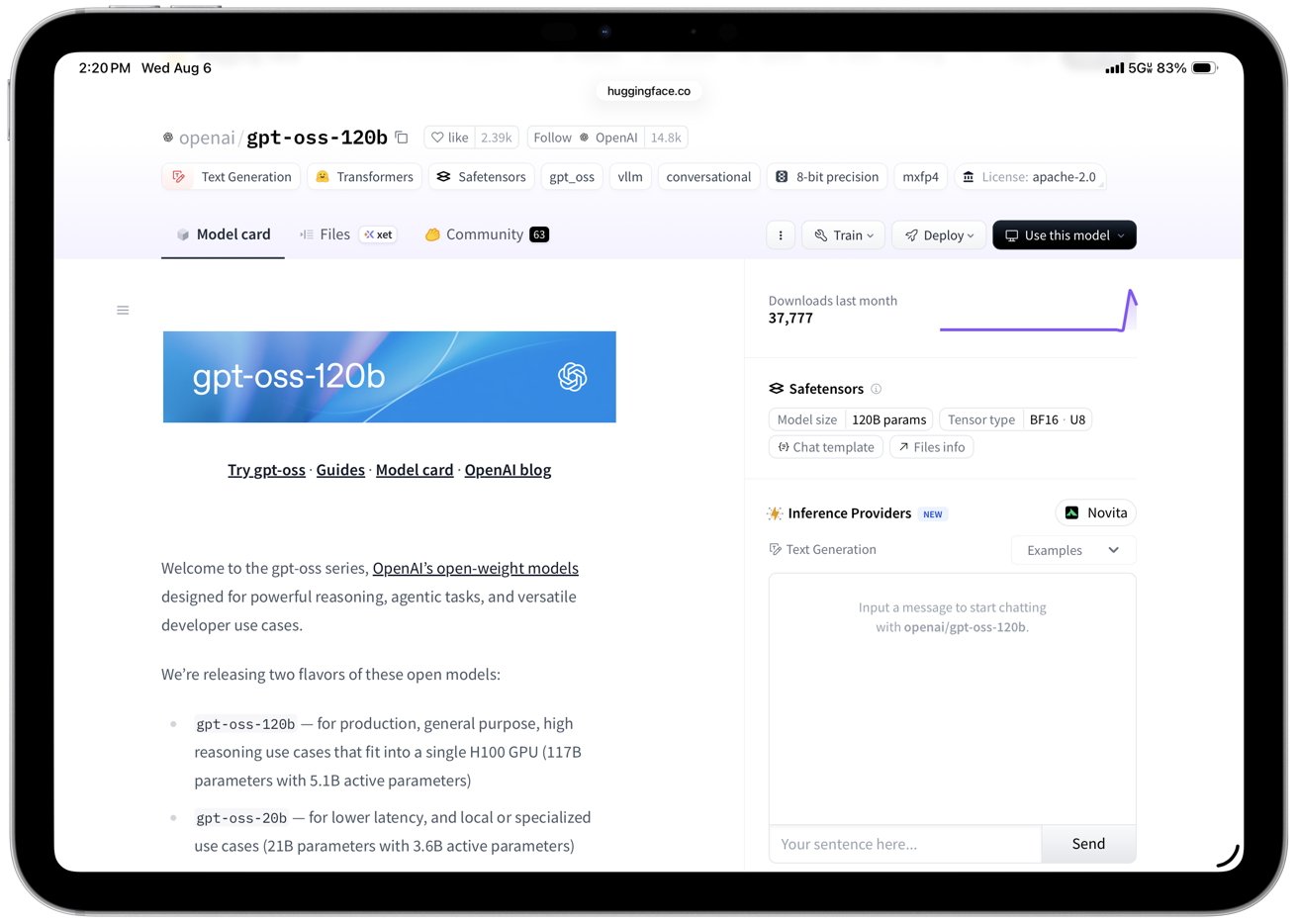 Website screenshot displaying information about the gpt-oss-120b model, with options to follow and use the model, download statistics, and a text generation feature.