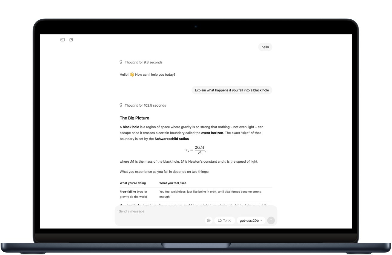 Laptop displaying a text conversation about black holes, explaining event horizon, Schwarzschild radius, and effects of falling into a black hole.