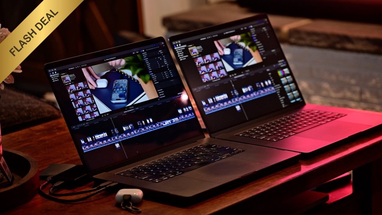 Two MacBook Pro laptops on a table display video editing software. A flash deal banner is in the top left corner.