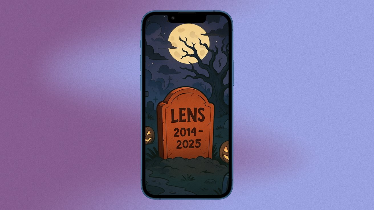Smartphone showing a headstone marked 'Lens 2014-2025' with a spooky scene, moon, tree, and jack-o'-lanterns, set against a purple gradient background.