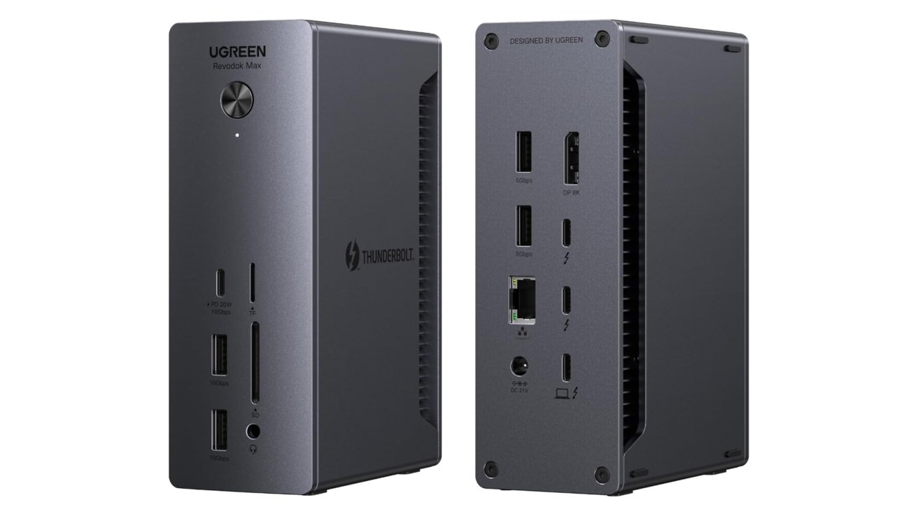 Two vertical, dark gray electronic devices with various ports, including USB and Ethernet, and labeled 'UGREEN' and 'THUNDERBOLT.'
