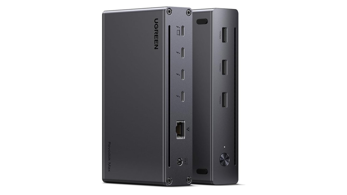 Two sleek, vertical, rectangular electronic devices with multiple USB ports, Ethernet port, and power button, designed for connectivity and expansion.