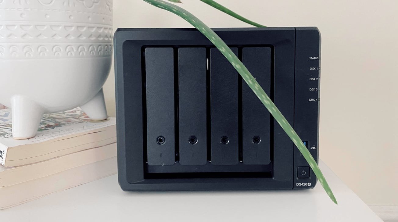 Black multi-bay disk enclosure on a white surface with a decorative white planter and a green plant leaf.