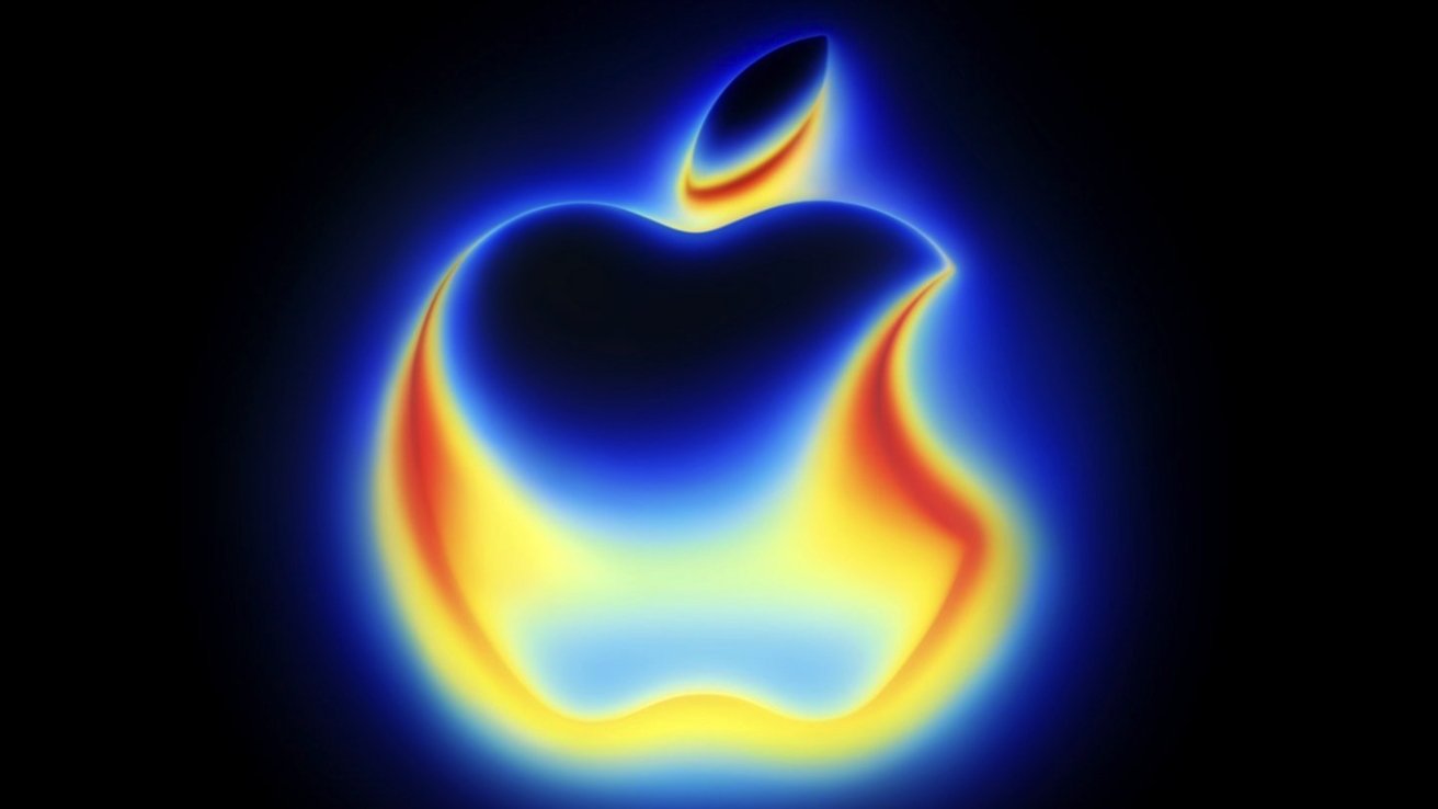 Glowing Apple logo with vibrant blue, yellow, and red gradient against a black background.