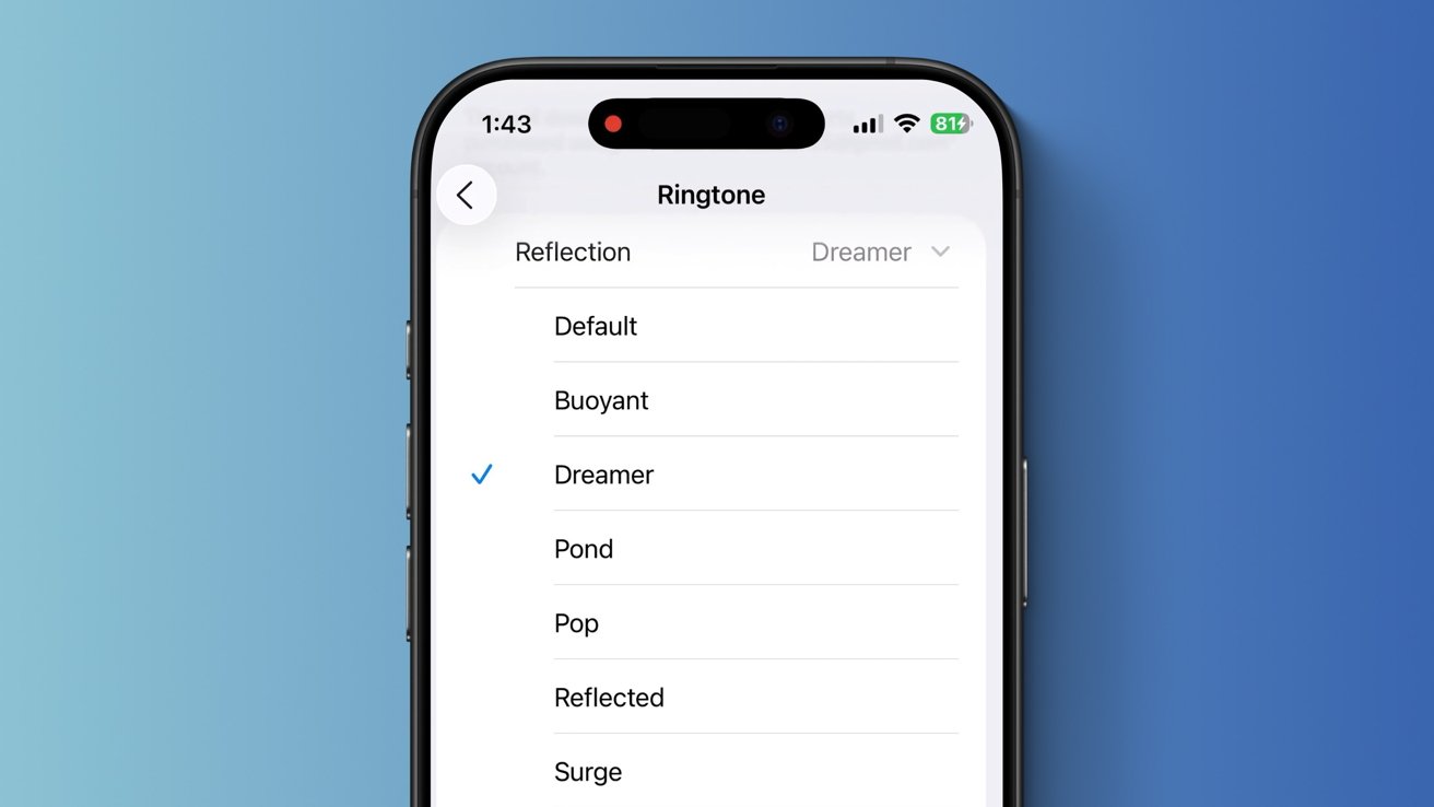Smartphone screen displaying ringtone selection; options include Reflection, Default, Buoyant, Dreamer (selected), Pond, Pop, Reflected, and Surge.