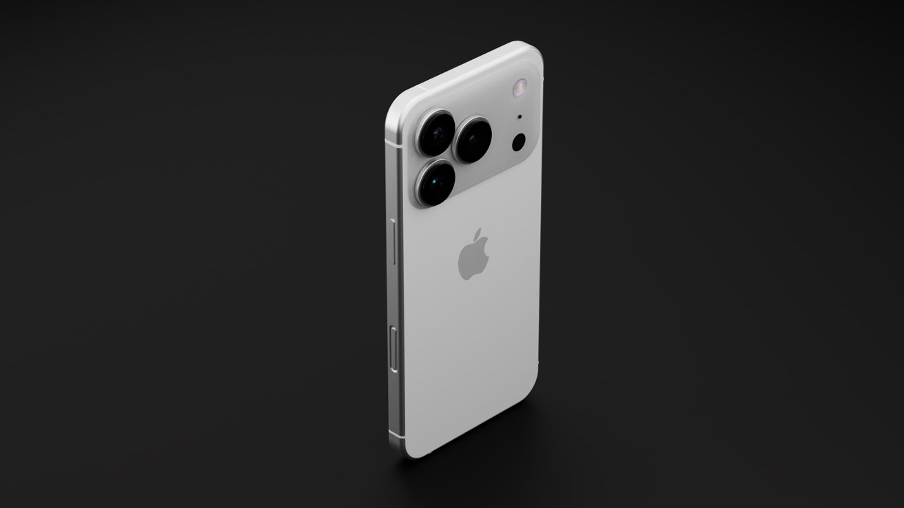 White smartphone with three rear cameras and Apple logo on a dark background, viewed from an angle.