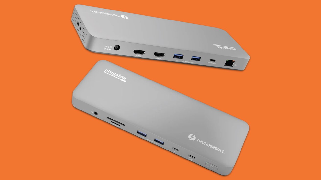 Two gray Plugable Thunderbolt docking stations with multiple ports, including HDMI, USB, and Ethernet, are displayed against an orange background.