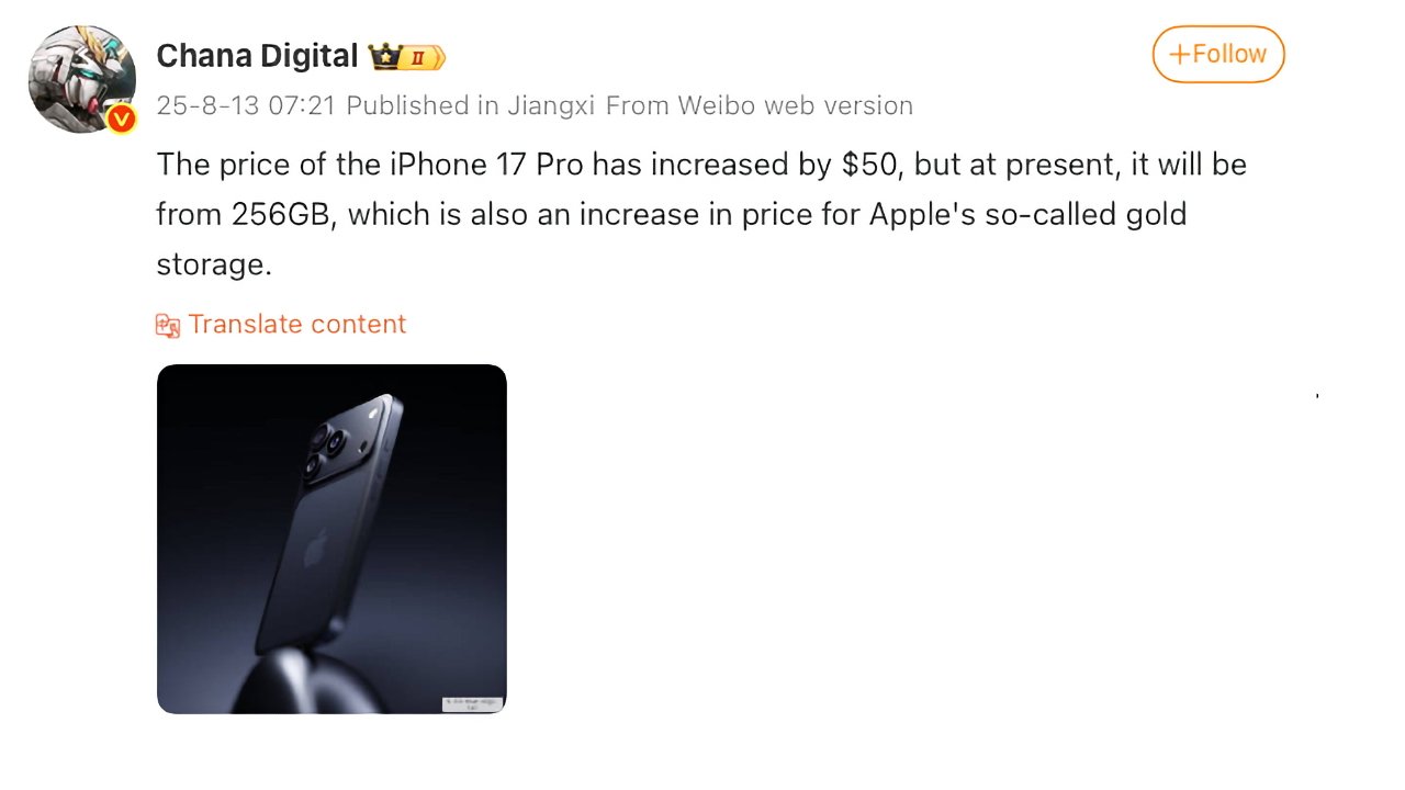 Smartphone with triple camera setup displayed on a curved stand against a dark background, accompanied by text about iPhone 17 Pro price increase.