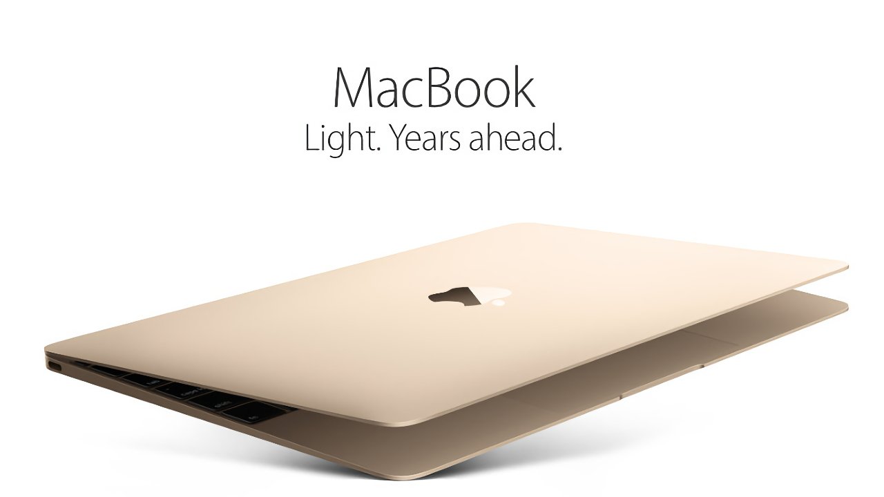 A sleek, gold laptop slightly open with an apple logo on the lid, accompanied by the words 'MacBook Light. Years ahead.'