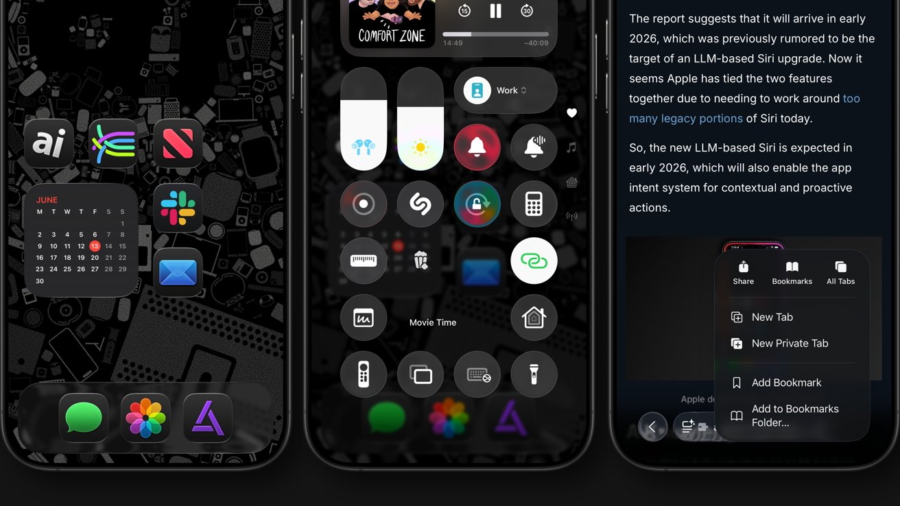 Three smartphone screens displaying a calendar, various app icons, music controls, and a menu with options for tabs and bookmarks on a dark patterned background.